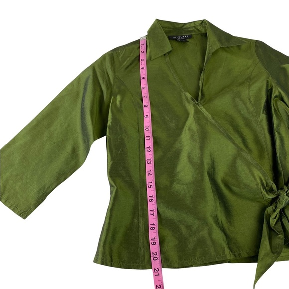 SilkLand Womens Green Shirt Size 4P Petite 3/4 Sleeve 100%Silk Blouse Tie/button - Picture 8 of 16